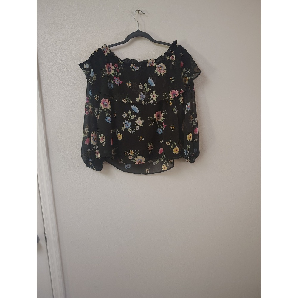 HM‎ Divided Womens Black Floral Off The Shoulder Ruffle Chiffon Blouse Small